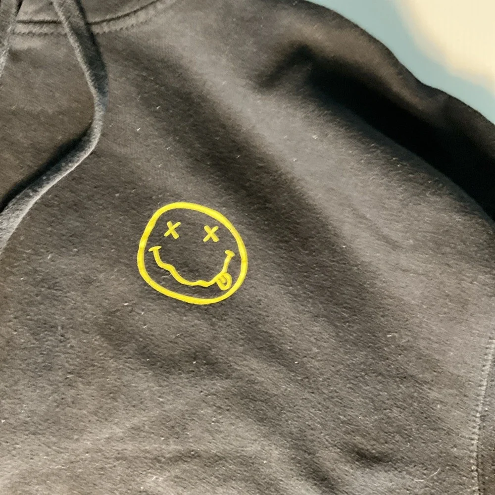 Nirvana Tultex Hoodie Large Black Yellow Smiley Face Logo Grunge Rock Band